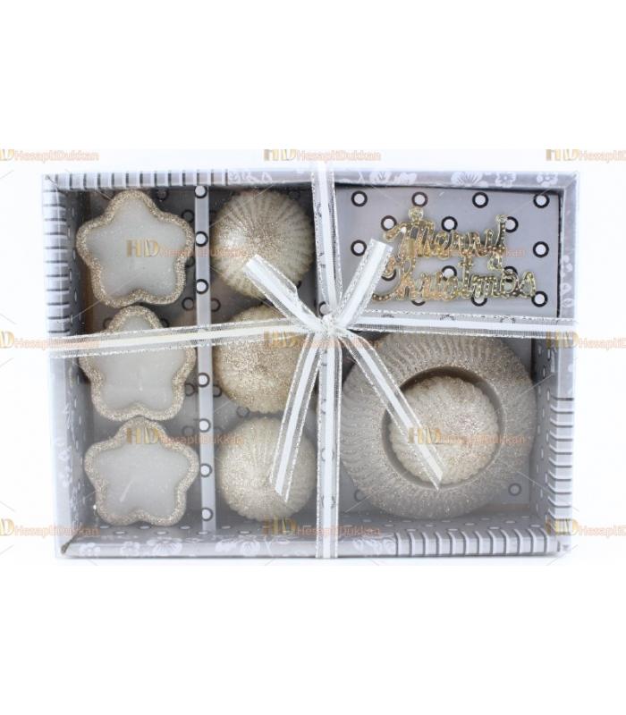 Yılbaşı hediyelik eşya 6+ 1 paket mum set simli Happy new year yazılı