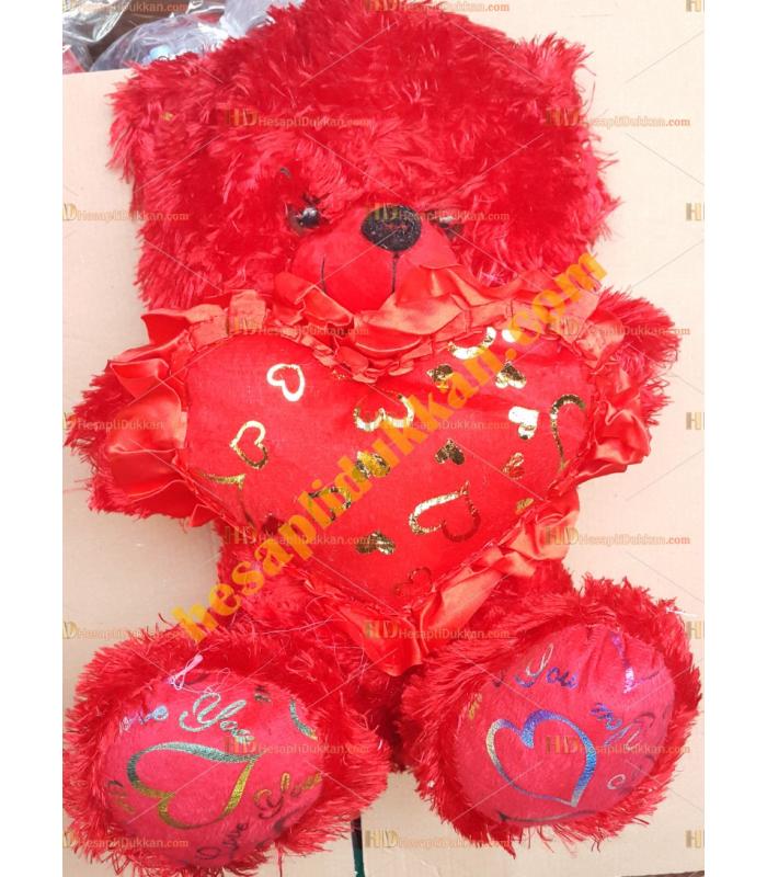 Toptan 35 cm peluş oyuncak sesli kalpli ayı kırmızı