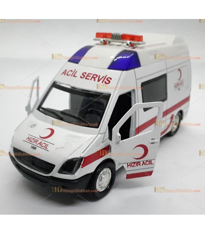 Toptan oyuncak sesli ışıklı ambulans çek bırak metal küçük