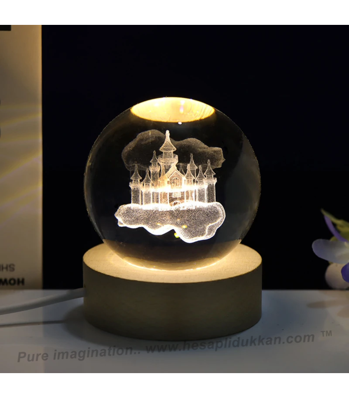 3D lazer Işıklı Kristal Küre Buluttaki Şato 120 mm