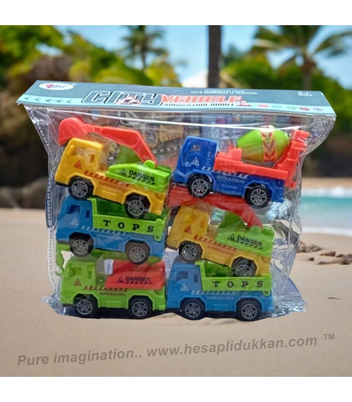 Toptan ucuz oyuncak araba iş makinası 6 lı set çek bırak promosyon