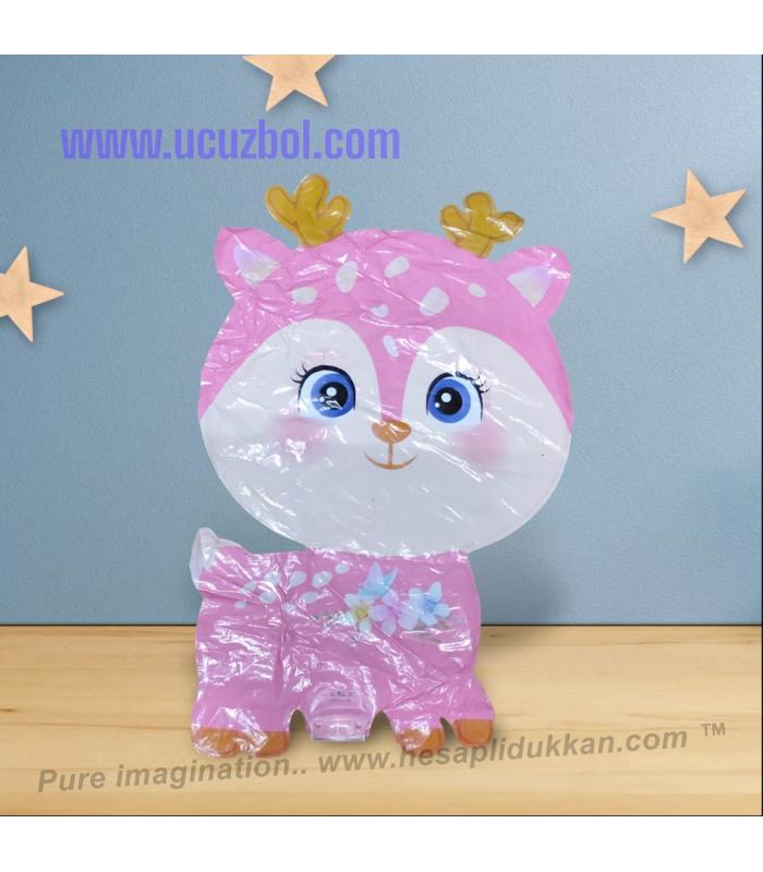 Toptan çubuklu sopalı folyo hayvanlı balon Şirin Pembe Geyik