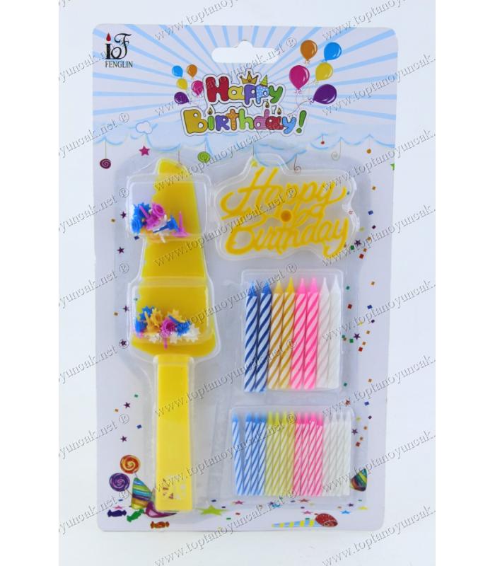 Toptan pasta kesme aparatlı mum seti Happy Birthday yazılı