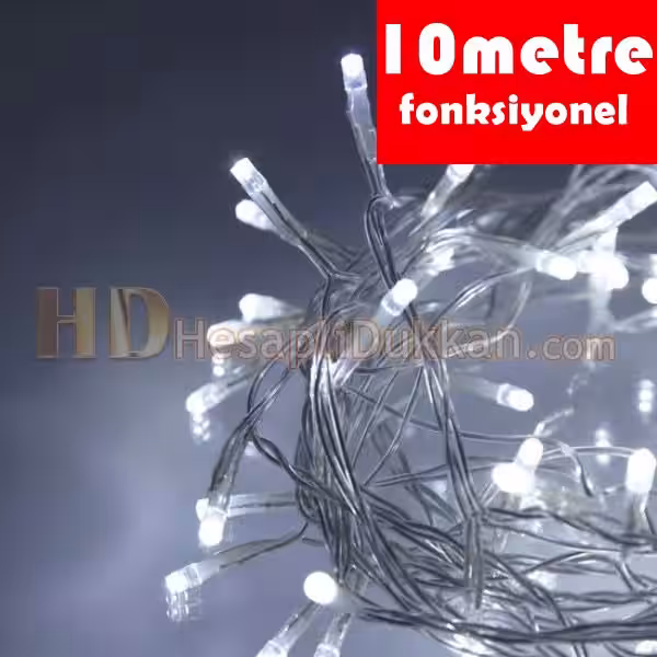 10 metre şeffaf kablo beyaz renk fonksiyonel yılbaşı led ışığı
