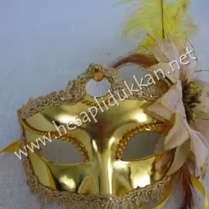 Altın sarısı işlemeli Simli büyük çiçekli tüylü maske P774