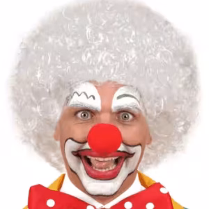 Beyaz Kıvırcık Afro Peruk Kırmızı Sünger Burun