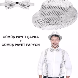 Gümüş Payetli Kostüm Seti Papyon Şapka