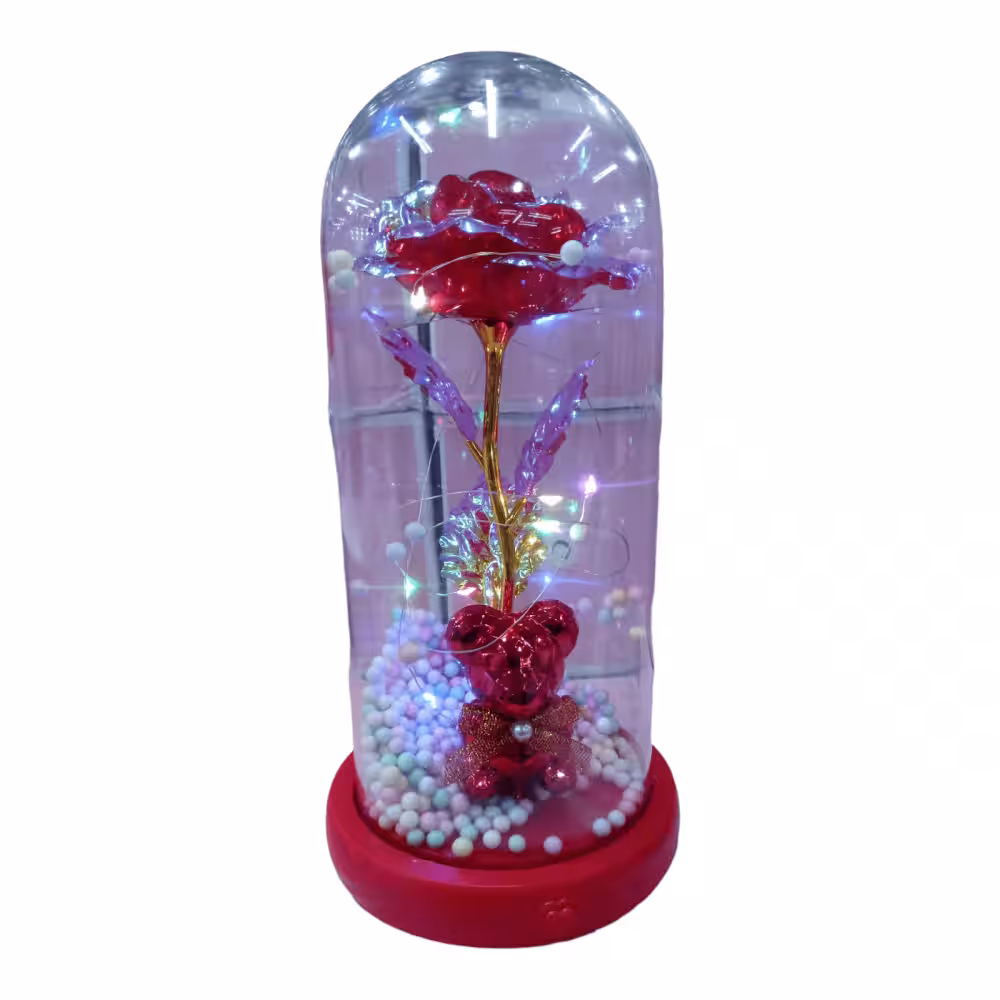 Işıklı fanuslu ayıcıklı kristal görünümlü gül