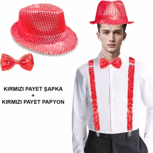 Kırmızı Payetli Kostüm Seti Papyon Şapka