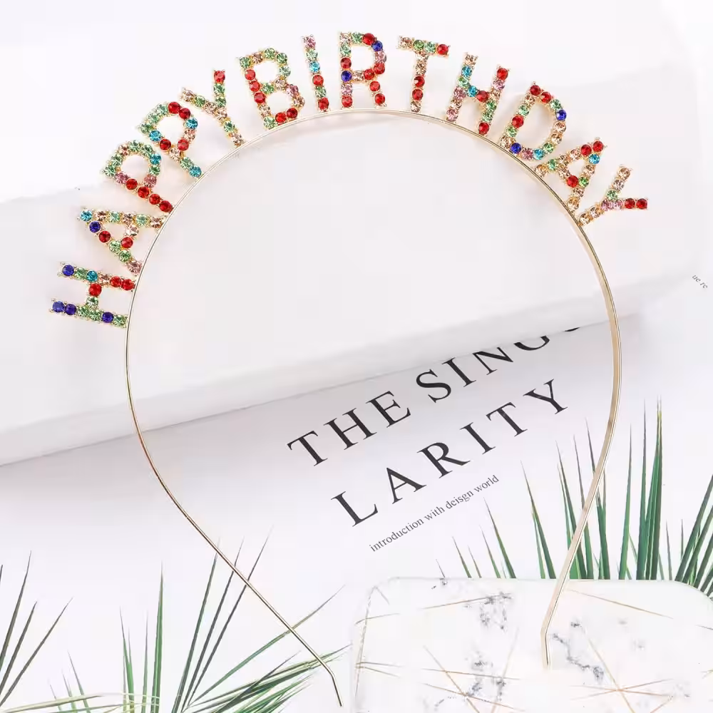 Lüks Gümüş Kaplama Kristal Taş Happy Birthday Taç