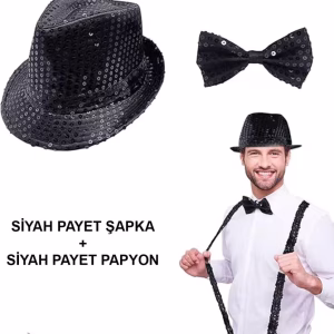Parıltılı Kostüm Siyah Seti Şapka Papyon