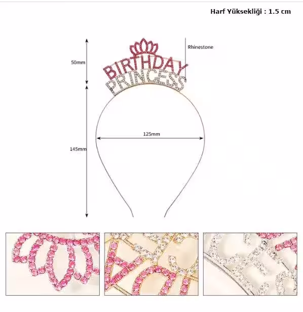 Pembe Kristal Taşlı Birthday Princess Parti Tac
