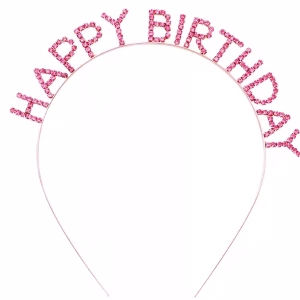 Pembe Kristal Taşlı Gold Kaplama Happy Birthday Taç