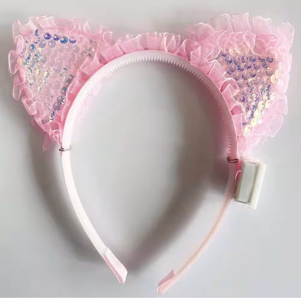 Pembe Payetli Kedi Kulak Taç Toptan ışıklı