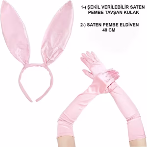 Pembe Saten Eldiven Tavşan Kulak Taç
