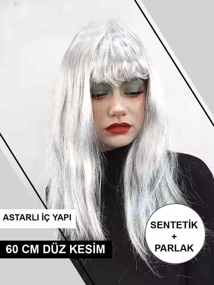 Platin Gri Uzun Parti Peruk Toptan