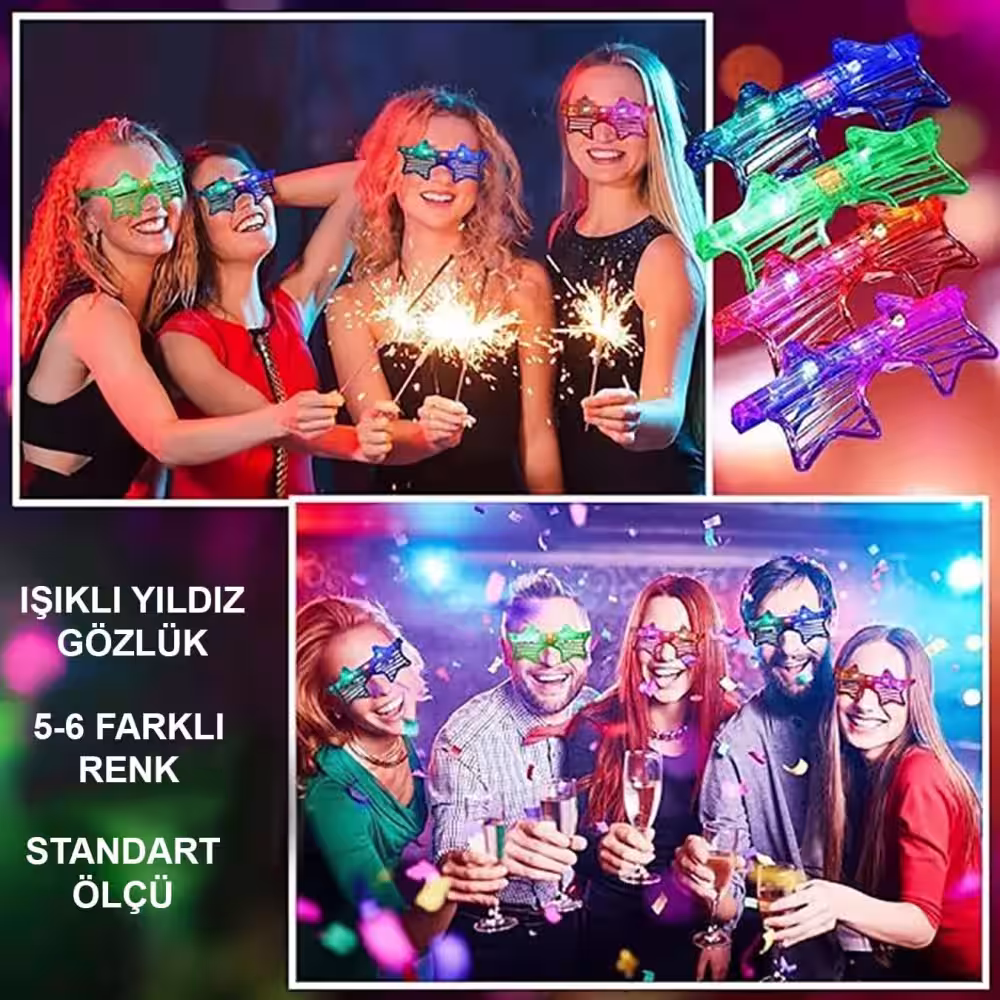Renkli LED Işıklı Yıldız Gözlük 12 Adet