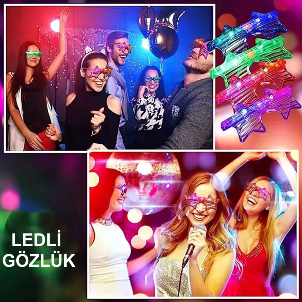 Renkli LED Işıklı Yıldız Gözlük 12 Adet