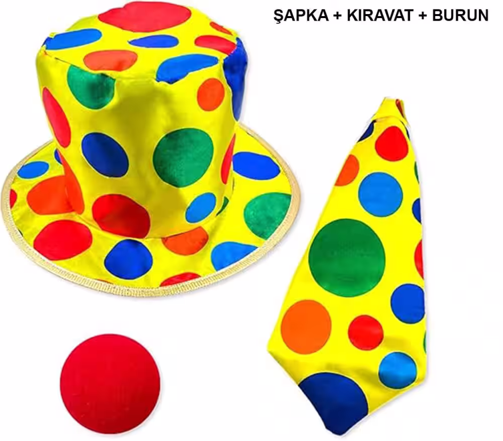 Renkli Palyaço Aksesuarları Kravat Burun Şapka