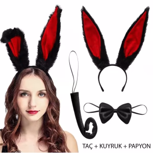 Siyah Kırmızı Peluş Tavşan Kulaklı Parti Aksesuarı