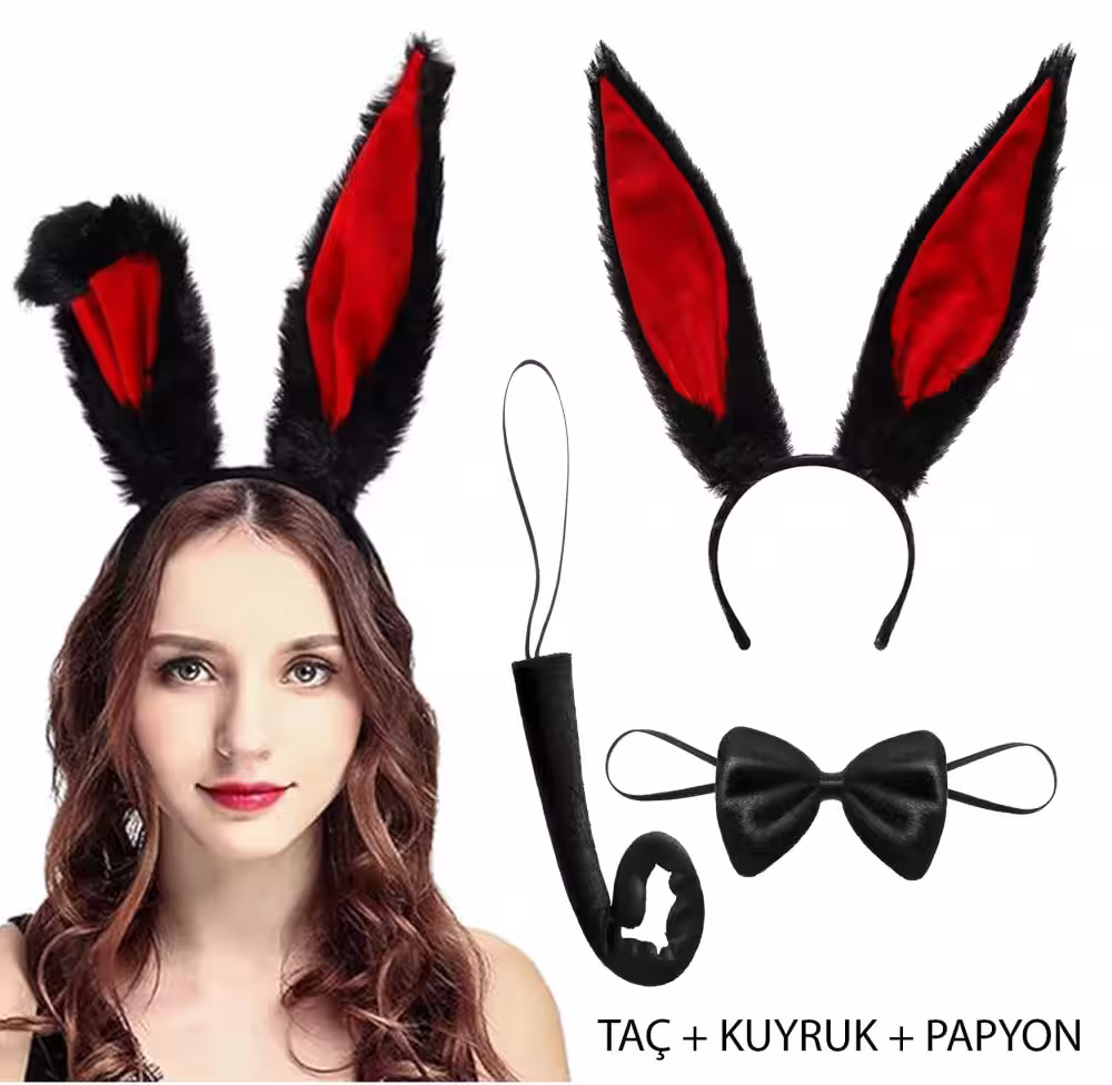 Siyah Kırmızı Peluş Tavşan Kulaklı Parti Aksesuarı