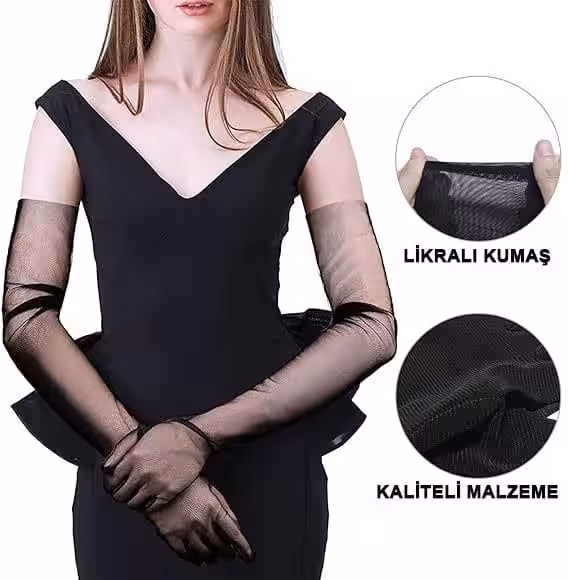Siyah Likralı Uzun Tül Eldiven Toptan