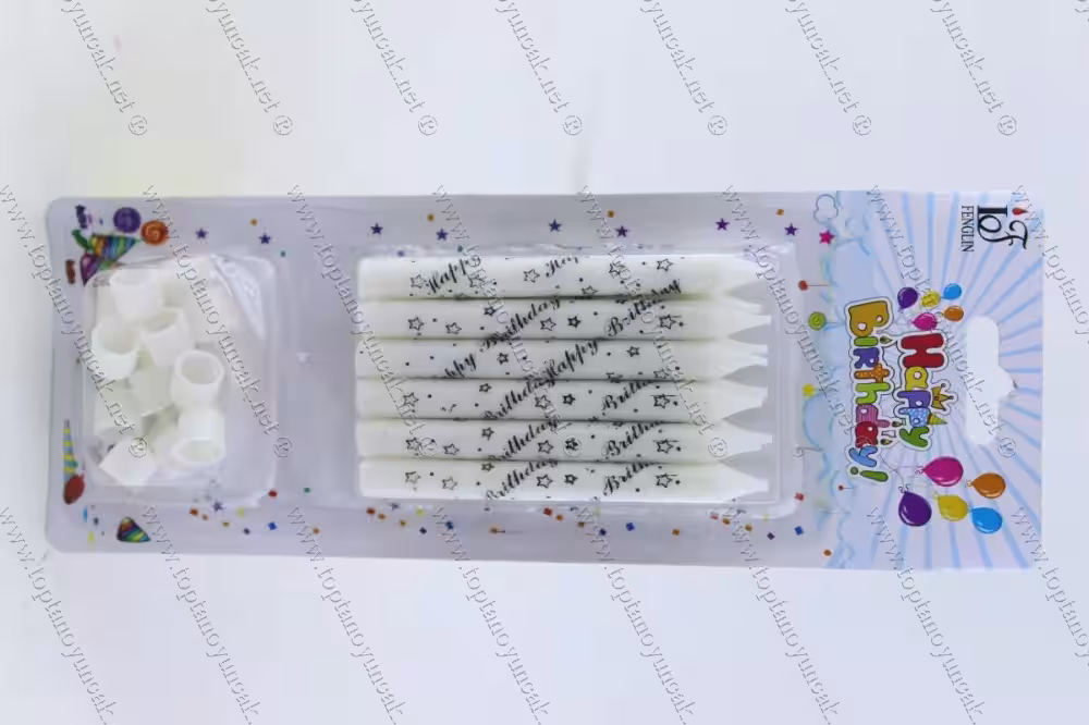 Toptan happy birthday yazılı 8 li beyaz pasta mum