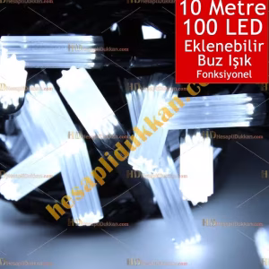 Yılbaşı Işığı Eklenebilir Siyah Kablo 10 Metre 100 Buz Led Beyaz Işık