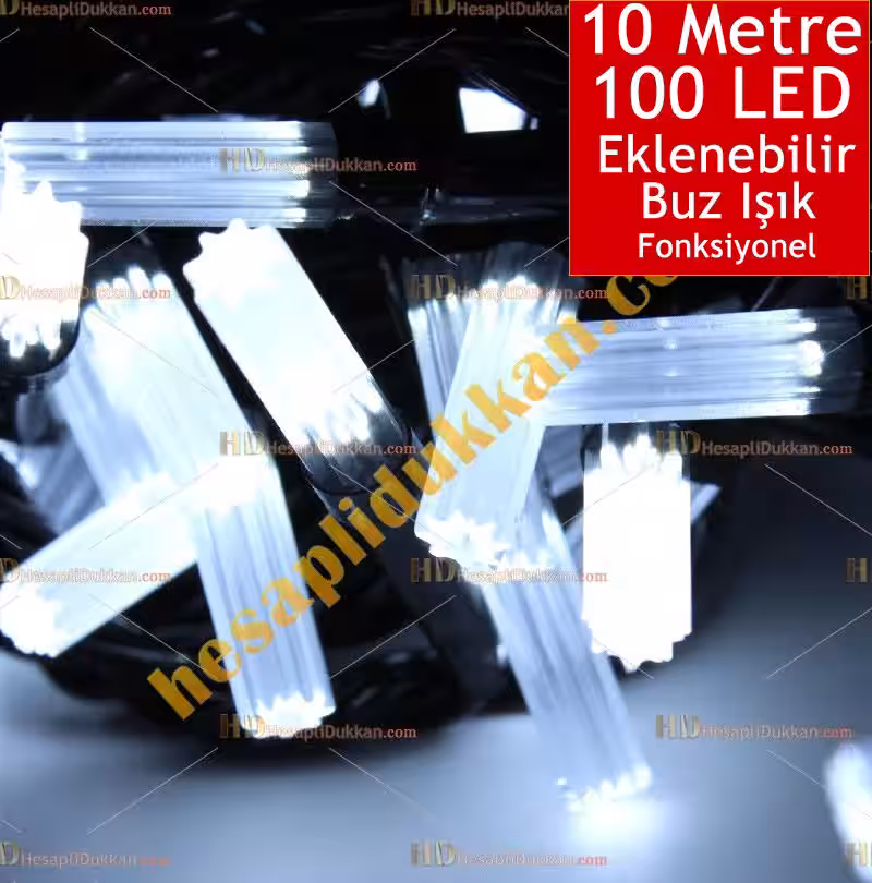 Yılbaşı Işığı Eklenebilir Siyah Kablo 10 Metre 100 Buz Led Beyaz Işık