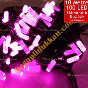 Yılbaşı Işığı Eklenebilir Siyah Kablo 10 Metre 100 Buz Led Pembe Işık