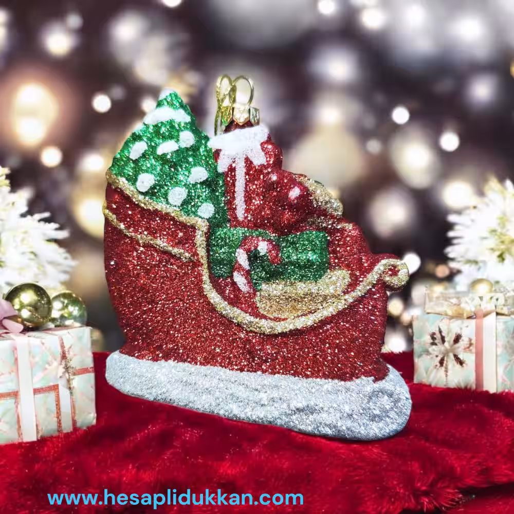 Simli Kırmızı Noel Baba Kızağı Süs Toptan