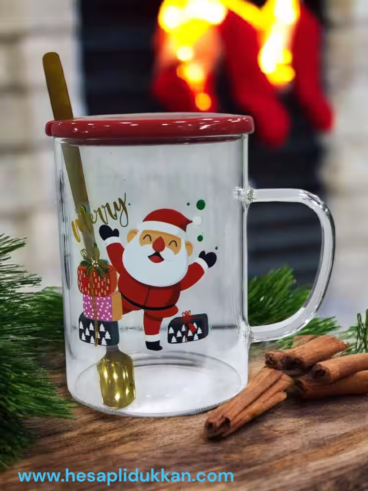 Toptan Yılbaşı Noel Baba Borosilikat Kaşıklı Kapaklı Kupa