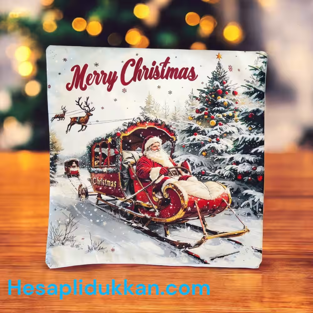 Toptan Yılbaşı Noel Baba Kızağı Desenli Minder Kılıfı
