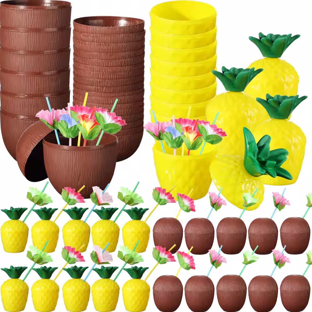 Tropikal Parti Bardak Seti – Ananas ve Hindistan Cevizi Şekilli Pipetli Bardaklar (20 Adet)