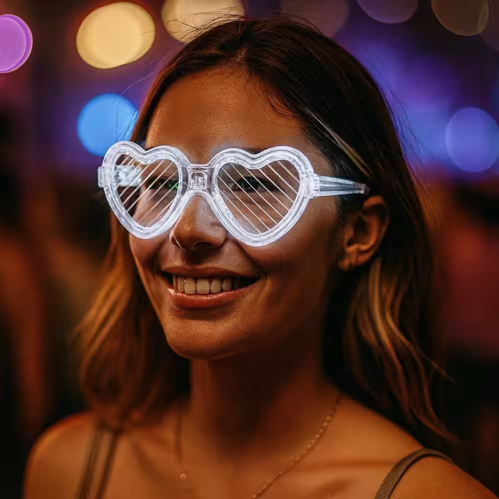 Beyaz LED Işıklı Kalp Gözlük – 3 Modlu Parti & Glow Gözlüğü