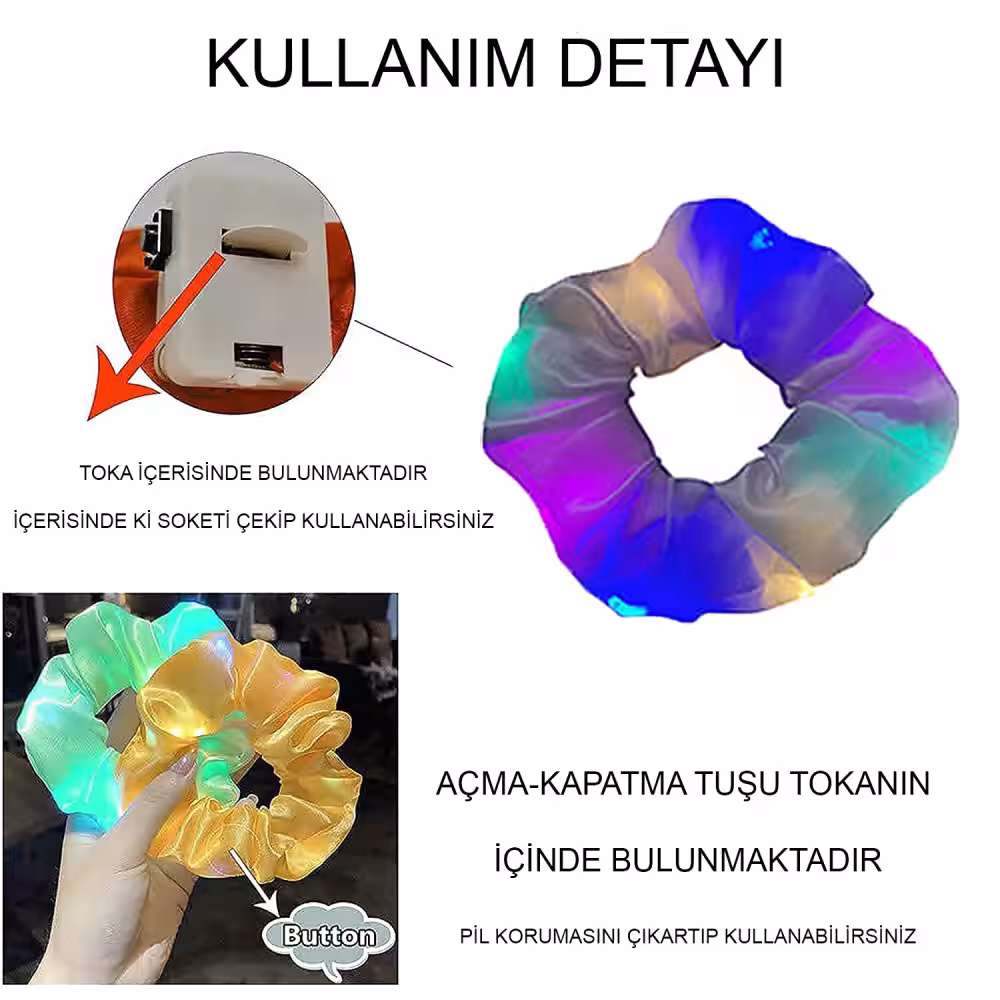Lila Mor Renk Led Işıklı Lastikli Saç Tokası - 3 Modlu Festival & Parti Saç Tokası