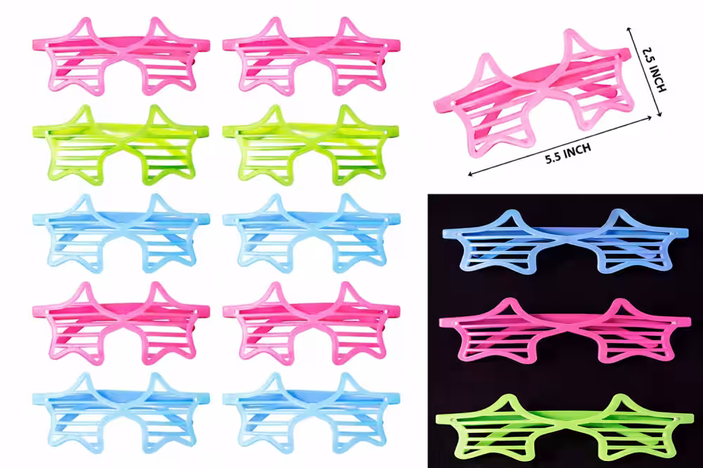 Retro Neon Fosforlu Yıldız Panjur Gözlük 12 Adet – 80’ler 90’lar Parti Stili