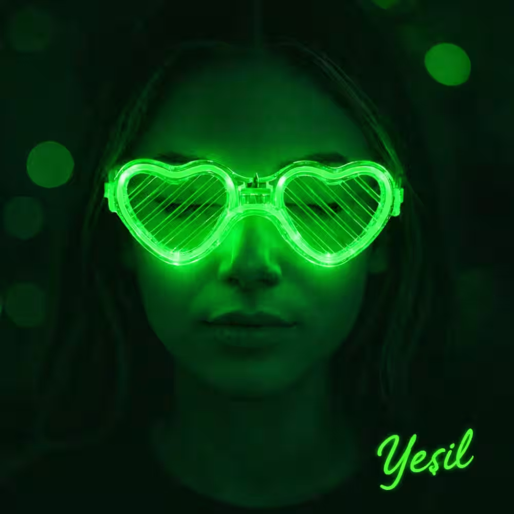 Yeşil LED Işıklı Kalp Gözlük – 3 Modlu Parti & Glow Gözlüğü