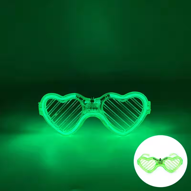 Yeşil LED Işıklı Kalp Gözlük – 3 Modlu Parti & Glow Gözlüğü