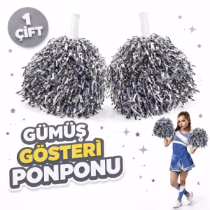 1 Çift ( 2 Adet ) Gümüş Renk 23 Nisan 19 Mayıs 29 Ekim Okul Gösteri Ponponları Ekstra Dolgun