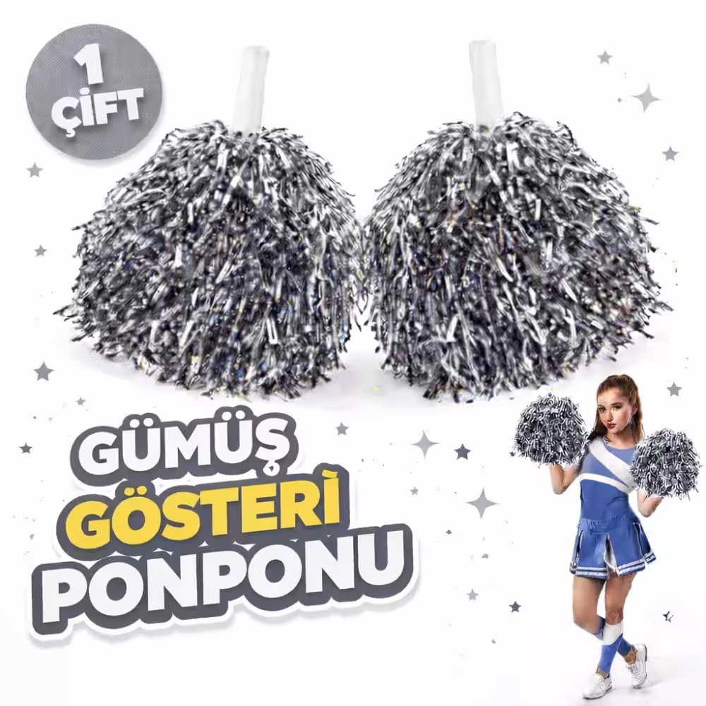 1 Çift ( 2 Adet ) Gümüş Renk 23 Nisan 19 Mayıs 29 Ekim Okul Gösteri Ponponları Ekstra Dolgun