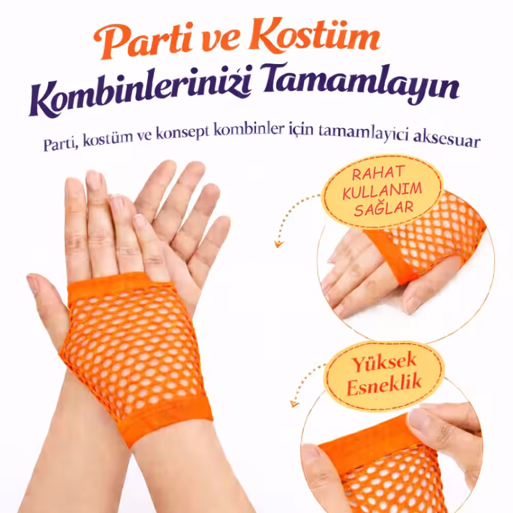 80’ler 90’lar Retro Neon Turuncu File Parmaksız Kısa Eldiven 11 cm