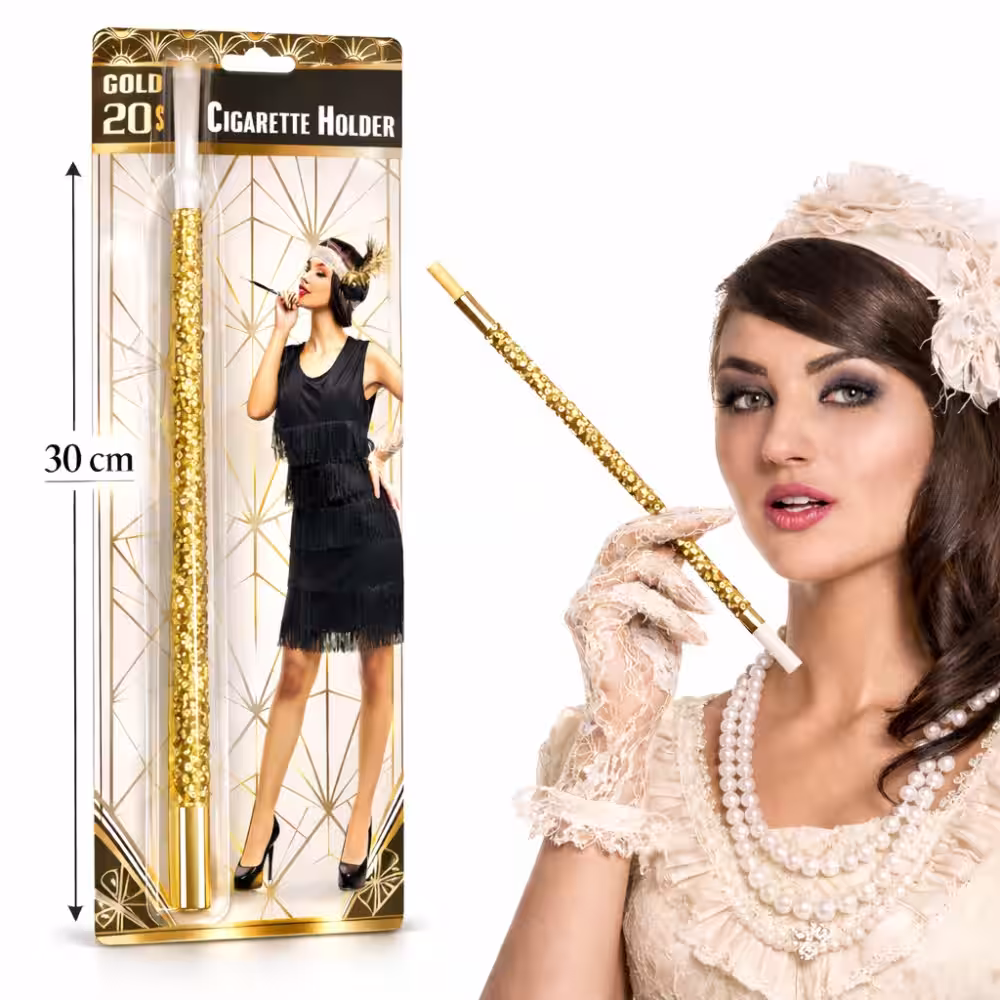 30 cm Altın Gold Payetli Sigara Tutacağı – 1920’ler Gatsby Parti Aksesuarı