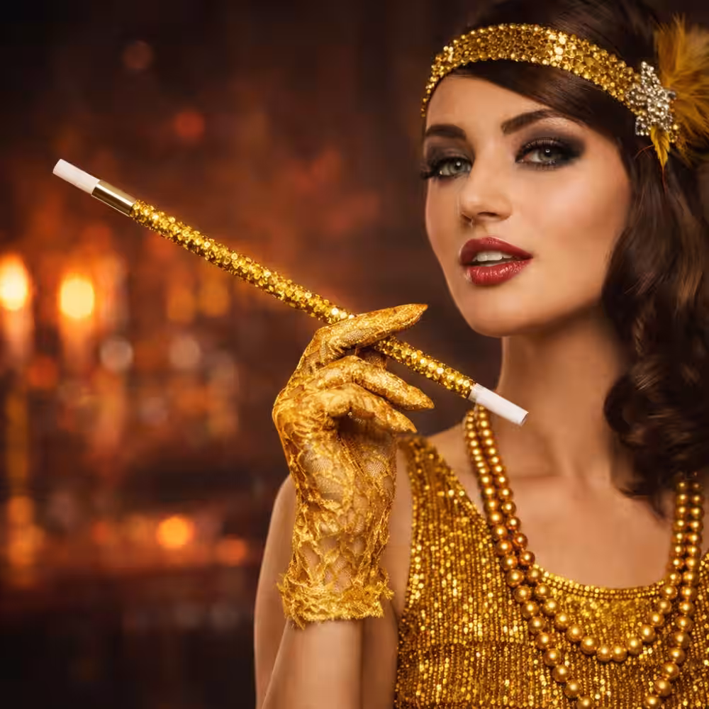 30 cm Altın Gold Payetli Sigara Tutacağı – 1920’ler Gatsby Parti Aksesuarı
