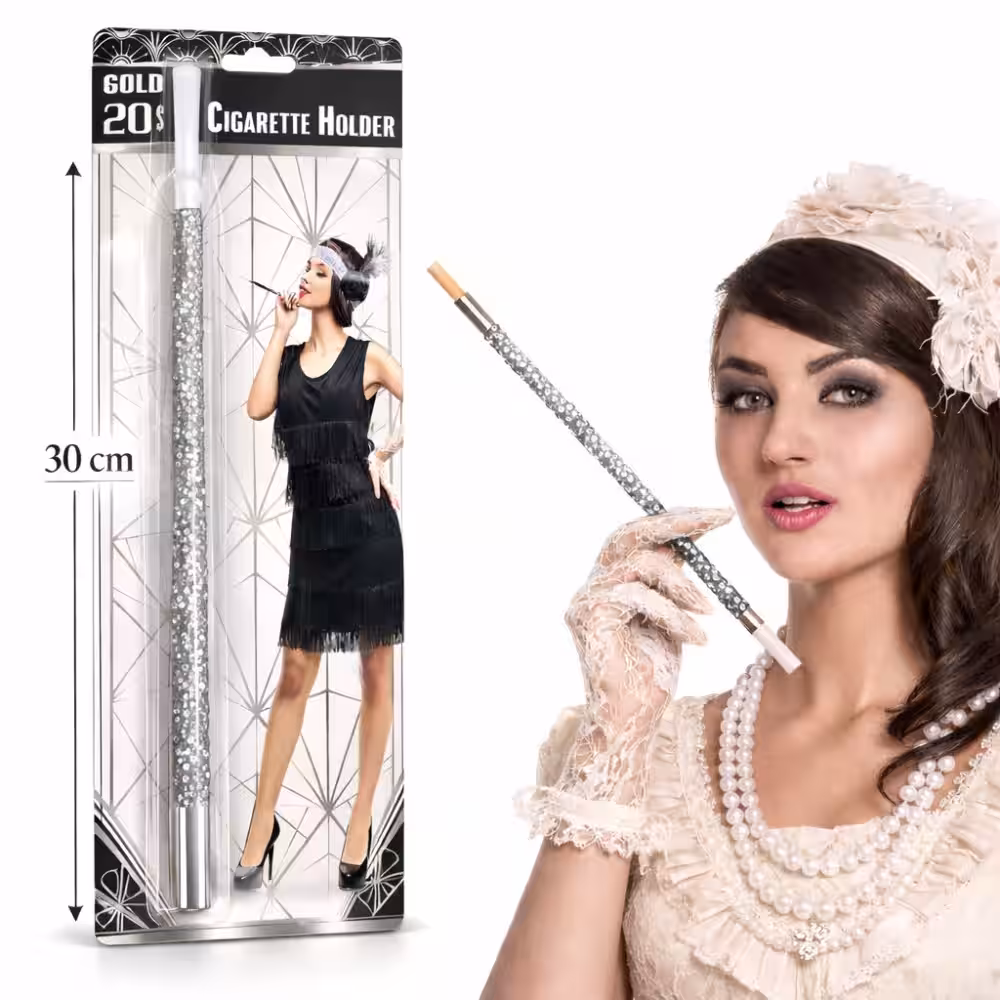 30 cm Gümüş Payetli Sigara Tutacağı – 1920’ler Gatsby Parti Aksesuarı