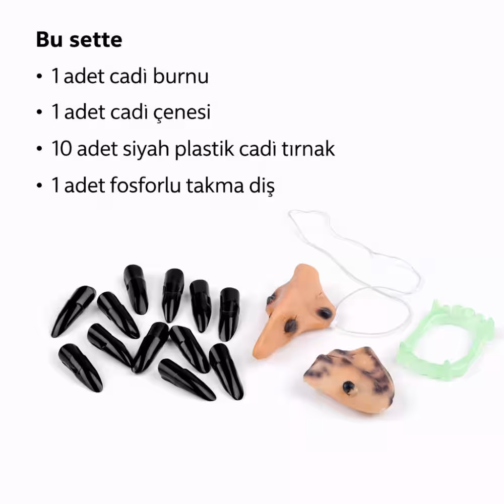 Cadı Aksesuar Seti – Burun, Çene, Fosforlu Diş ve 10 Adet Siyah Tırnak