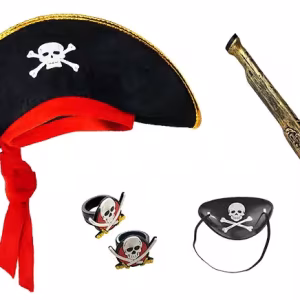 Korsan Şapkası + Tabanca + Maske + 2 Adet Yüzük Kostüm Seti Çocuk