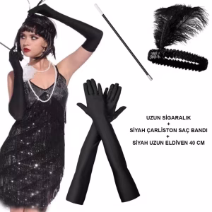 1920'ler Gatsby Aksesuar Seti – Siyah Charleston Saç Bandı, Uzun Eldiven & Sigaralık