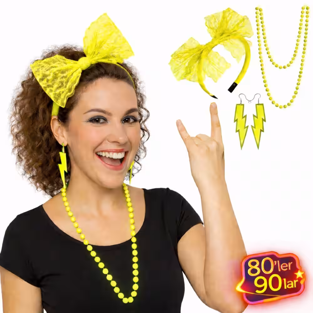 80’ler 90’lar Neon Sarı Parti Seti – Kolye Küpe Taç