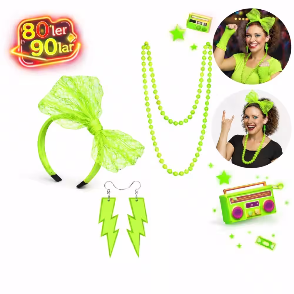 80’ler 90’lar Neon Yeşil Parti Seti – Kolye Küpe Taç